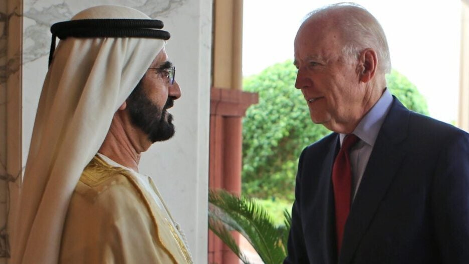 Then-U.S. VP Joe Biden meeting with UAE Prime Minister Mohammed Bin Rashid Al Maktoum in Dubai, March 2016 (Photo: AP) former US VP Joe Biden with Sheikh Mohammed Bin Rashid Al Maktoum, ruler of Dubai and Vice President of UAE, in Dubai, United Arab Emirates, March 8, 2016