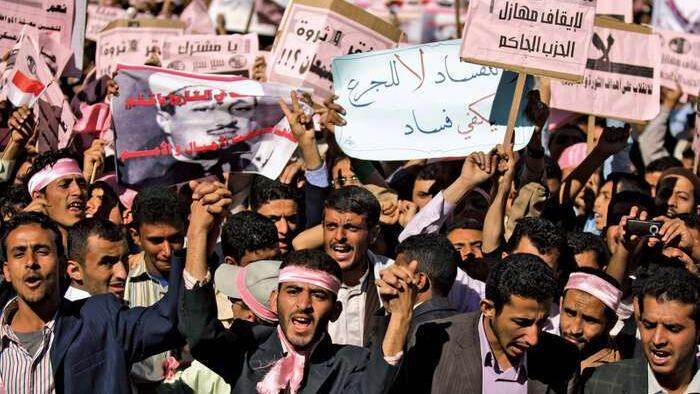 Yemeni demonstrators in Sanaa calling for an end to the government in January 2011 
