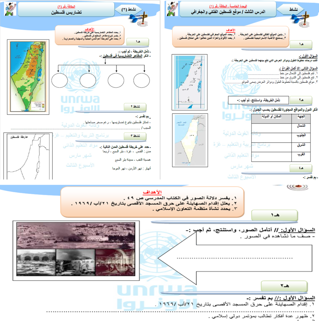 "פלסטין השלמה" במקום ישראל. דוגמה מחומרי הלימוד של אונר"א לפלסטינים
<br> דוגמא מתכני הלימוד המקוריים של אונרא