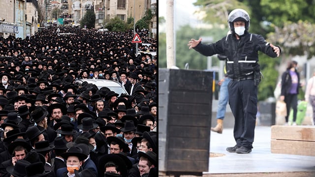 מימין: שוטר מפזר עוברי אורח בת"א. משמאל: ירושלים, היום (צילום: מוטי קמחי, AFP) מימין: שוטר מפזר עוברי אורח בת"א. משמאל: ירושלים, היום