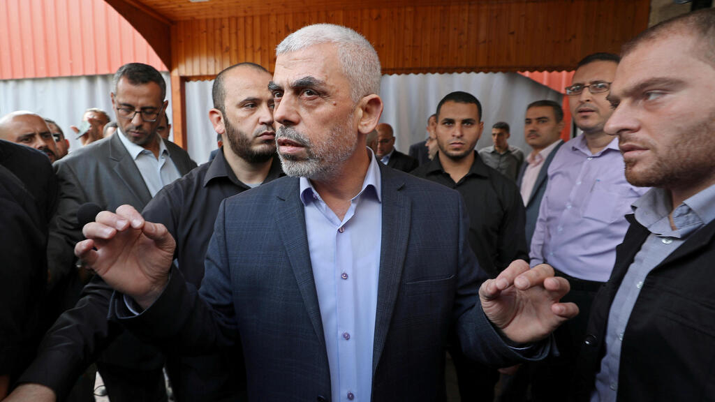 Gaza's Hamas Chief Yehya Al-Sinwar talks to media, in Gaza City 