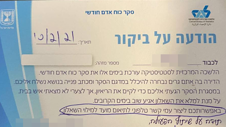 המכתב שהשאיר הסוקר שהגיע לביתה של מ' הודעה על ביקור של סוקר למ"ס