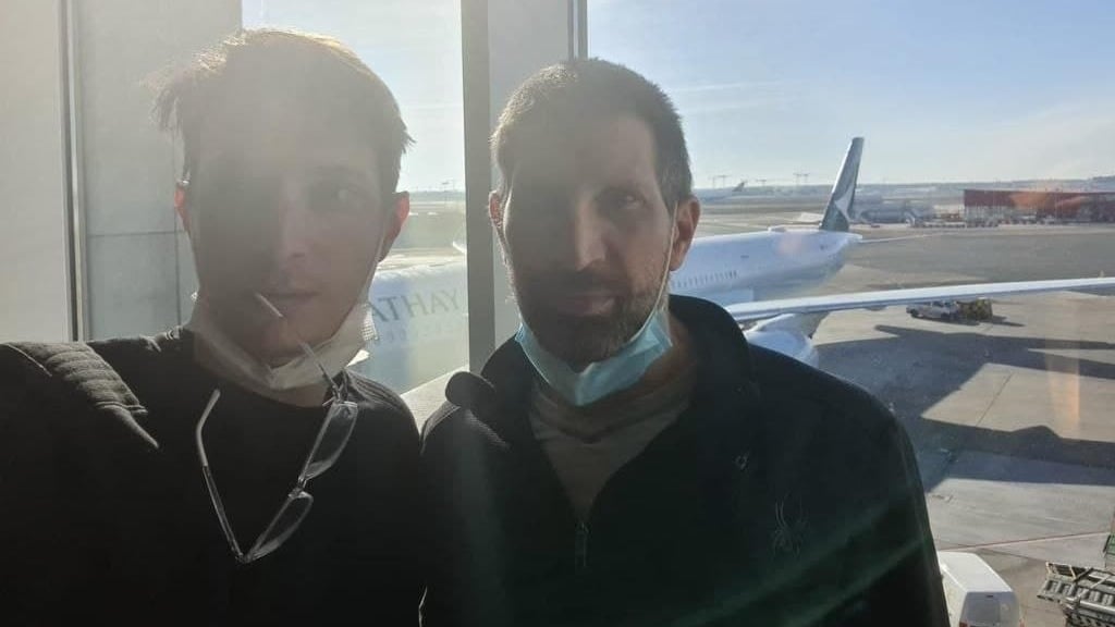 Eyal Greenberg and Eli Salpter (, businessmen forced to seek shelter in Dubai after failing to secure seats in emergency flight out of Germany ) איל גרינברג מימין, אלי סלפטר משמאל