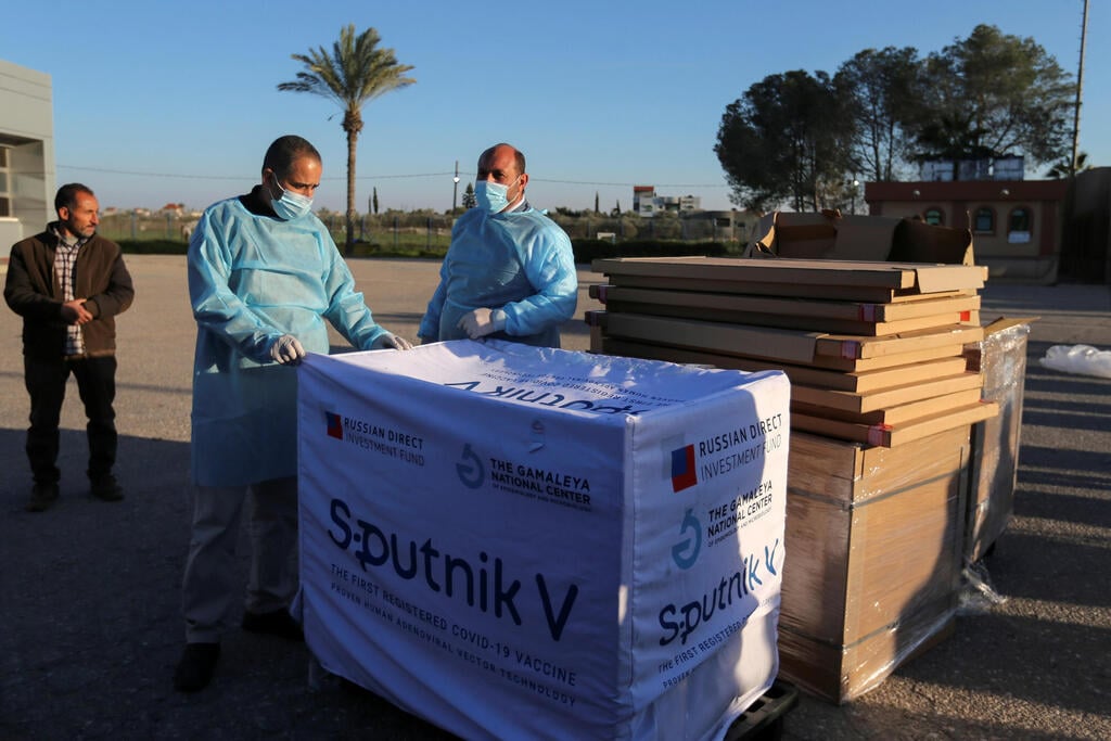 Palestinian health workers stand next to a shipment of Russia's Sputnik V vaccine sent by United Arab Emirates, amid the coronavirus disease (COVID-19) outbreak, at Rafah crossing in the southern Gaza Strip 