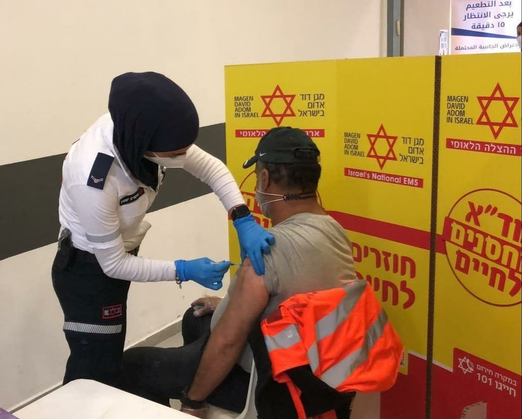 A Palestinian laborer vaccinated against coronavirus (Photo: COGAT) פיילוט חיסוני הפועלים הפלסטיניים יצא לדרך