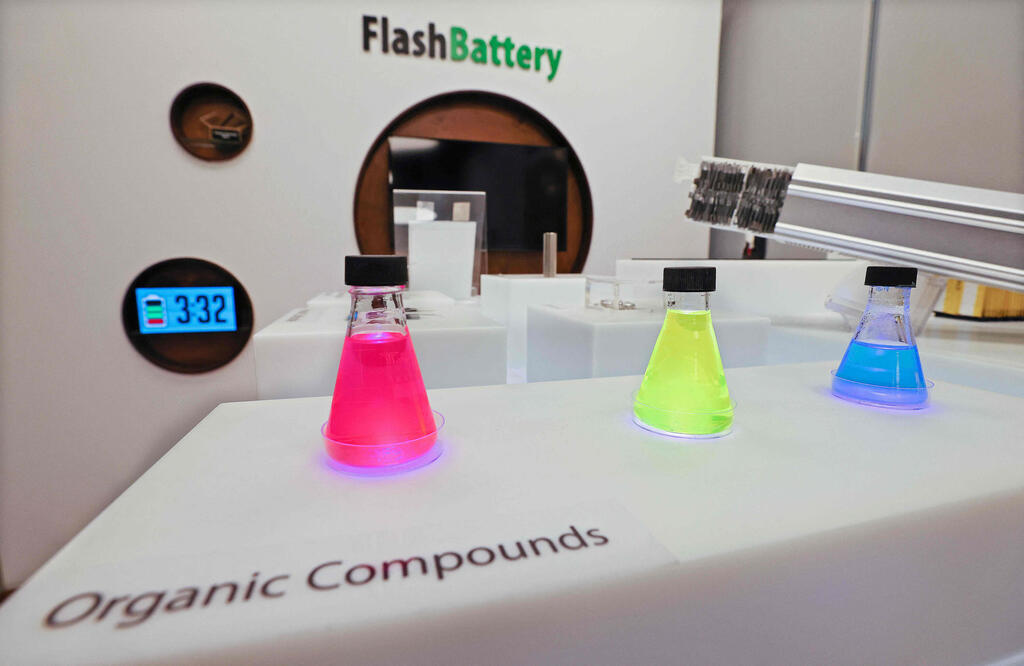 A display promoting fast-charging batteries is pictured at the entrance to StoreDot's Herzilya headquarters, Feb. 2021 