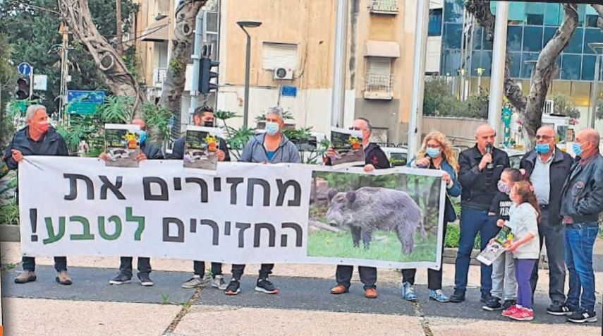 Protesters in Haifa protesting against boar hunting 