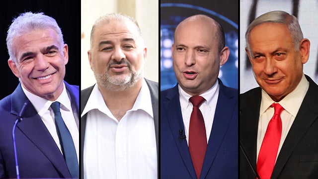 מנסור עבאס לשון מאזניים. האם יתמוך בממשלת נתניהו-בנט או יחבור ללפיד? (צילום: שרון צור, מוטי קמחי, רויטרס, עמית שעל) בנימין נתניהו נפתלי בנט מנסור עבאס יאיר לפיד