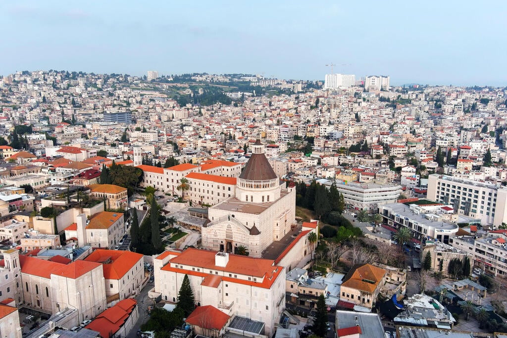 A picture taken with a drone shows an aerial view of the Basilica of the Annunciation in Nazareth in northern Israel 