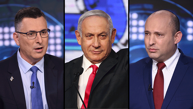 בנט, נתניהו וסער (צילום: AP, קובי קואנקס) נפתלי בנט, בנימין נתניהו, גדעון סער