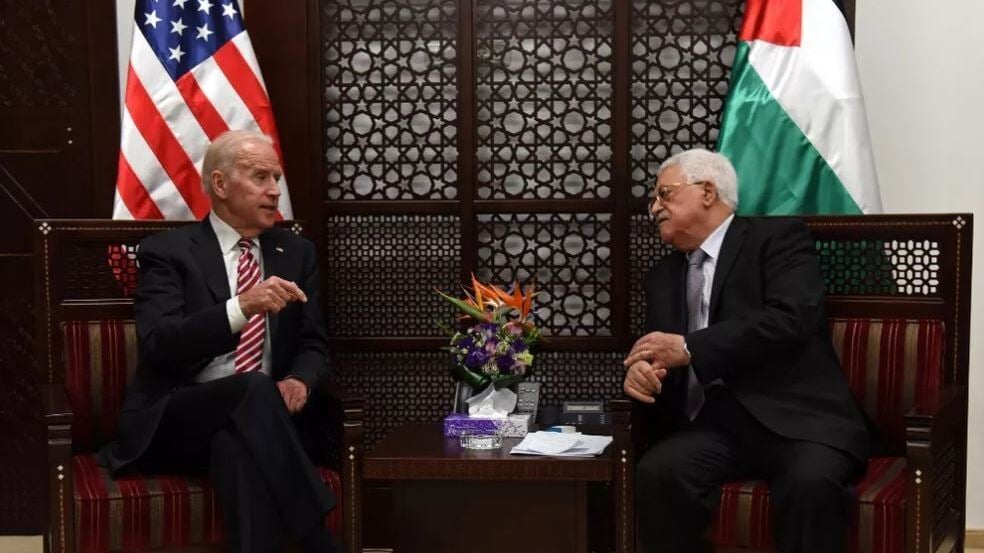 Then-Vice President Joe Biden and Palestinian President Mahmoud Abbas meet in the West Bank city of Ramallah in 2016 (Photo: AFP) US Vice President Joe Biden (R) and Palestinian president Mahmud Abbas talk during a meeting at the presidential compound in the city of Ramallah, in the West Bank