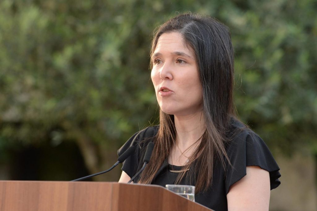 Lily Ben Ami, the sister of Michal Sela, speaks at the May 2020 hackathon to combat domestic violence, at the President’s Residence in Jerusalem 