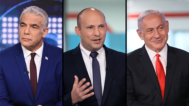 נתניהו בקרב בלימה, בנט ולפיד מתקדמים (צילום: קובי קואנקס, הדר ייואביאן) בנימין נתניהו, נפתלי בנט, יאיר לפיד