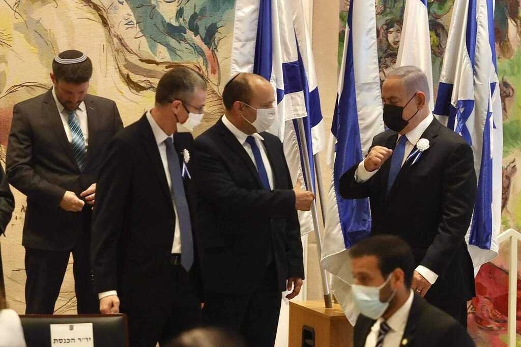 L-R: Religious Zionist party leader Betzalel Smotrich, Knesset Speaker Yariv Levin, Yamina head Naftali Bennett and Prime Minister Benjamin Netanyahu at the opening of parliament on Tuesday (Photo: Marc Israel Sellem) השבעת הכנסת ה24