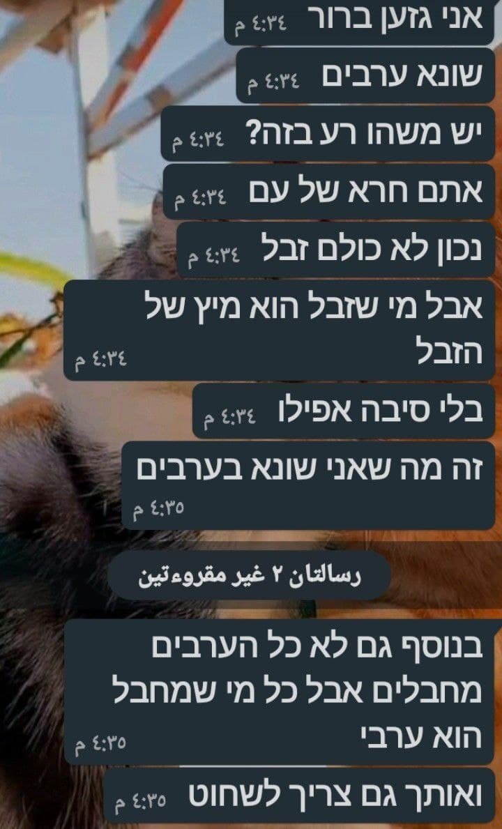 "אני גזען ברור. יש עם זה בעיה?". מתוך שיחת הוואטסאפ עם הנציג שיחת ווטסאפ וקללות בין נציג חברת תקשורת לבין אזרח ערבי