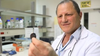 פרופ' עמית גרוס מחזיק פחם שיוצר מצואה. צולם במעבדתו בבית הספר לקיימות ושינויי אקלים של אוניברסיטת בן־גוריון. 