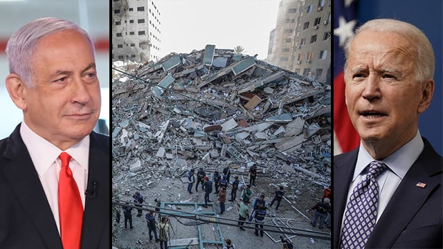 Prime Minister Benjamin Netanyahu, President Joe Biden and the damage in Gaza following Israeli strikes 