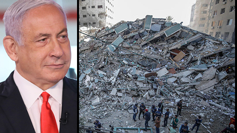 Prime Minister Benjamin Netanyahu and remains of the building that housed international press in Gaza 