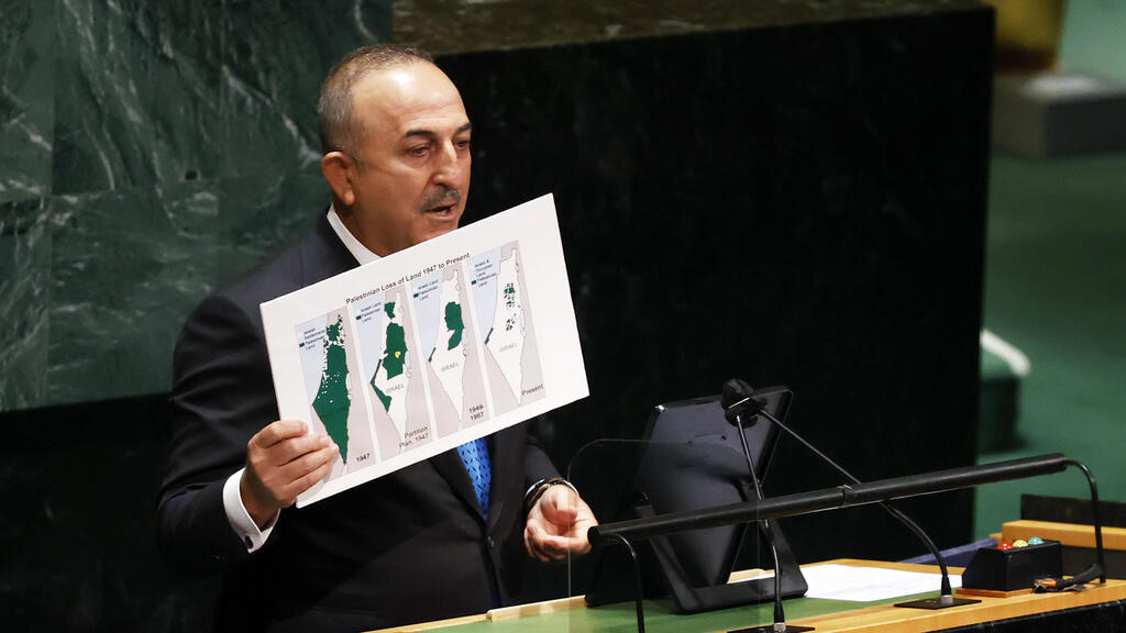Turkish FM Mevlut Cavusoglu addressing the UN Security Council during the May 2021 fighting across the Israel Gaza border  