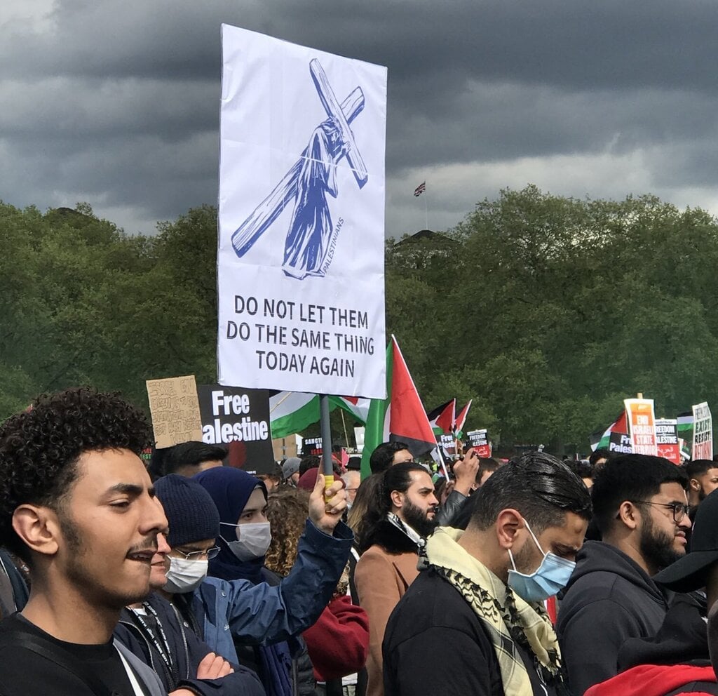 An anti-Semitic banner at a pro-Palestinian demonstration in Hyde Park, London in May 2021 