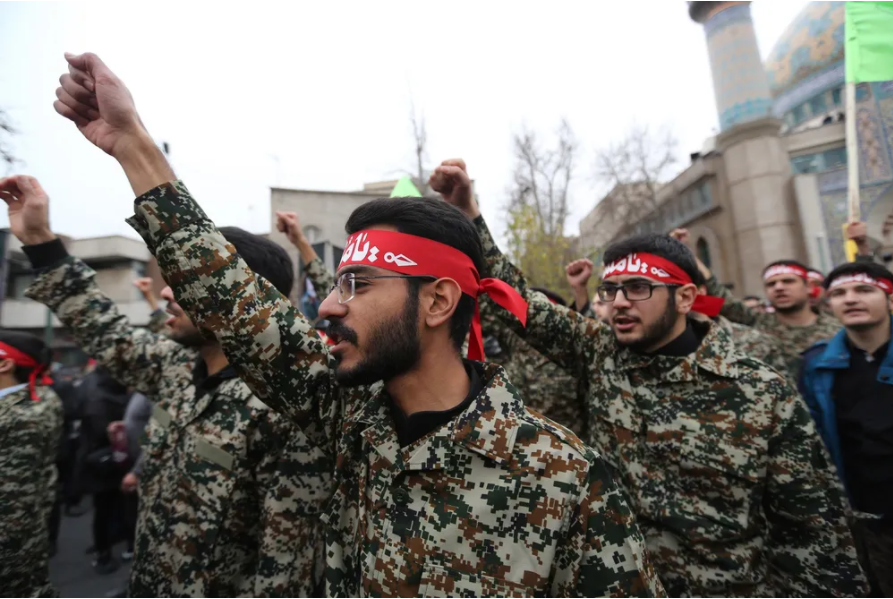 Iranian Revolutionary Guards take part in an anti-U.S. rally to protest the killing of Iranian commander Qasem Soleimani and Iraqi paramilitary chief Abu Mahdi al-Muhandis, in the capital Tehran, on January 4, 2020