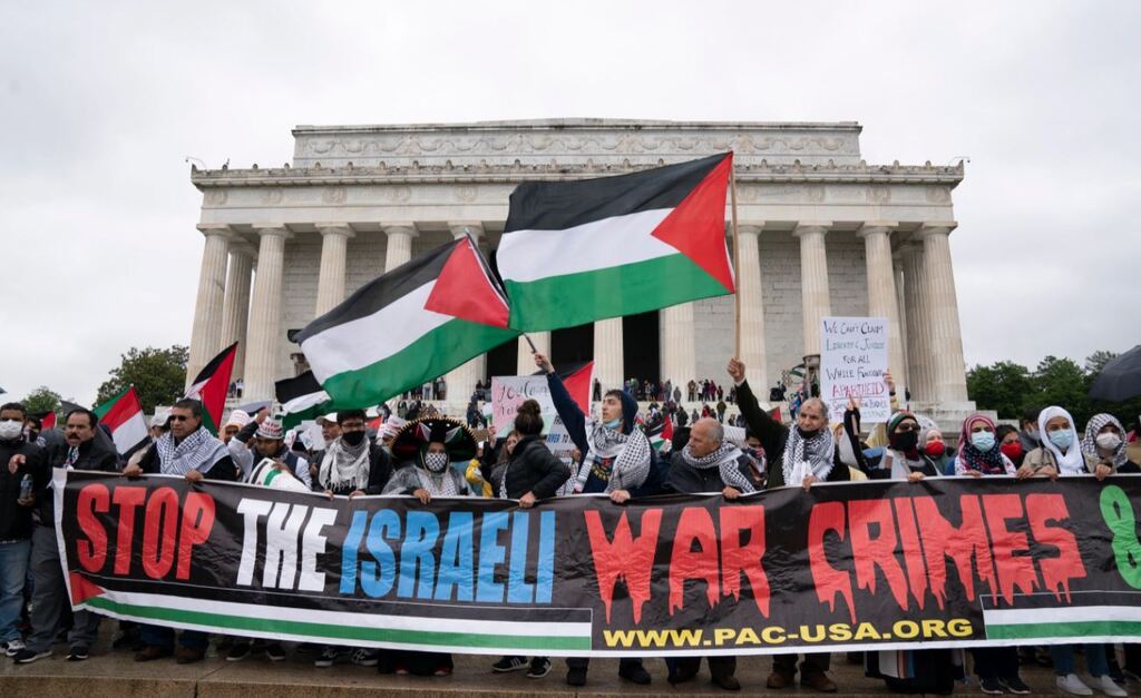 Supporters of the Palestinians rally during the National March for Palestine demonstration at the Lincoln Memorial in Washington, May 29, 2021.