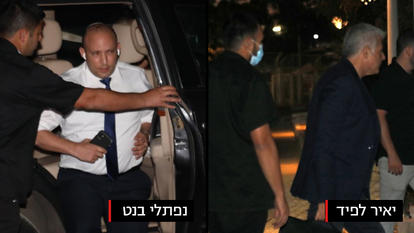 בנט ולפיד בכפר המכביה, הערב (צילום: מוטי קמחי) נפתלי בנט ויאיר לפיד מגיעים לכפר המכביה
