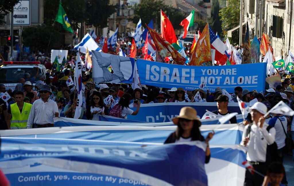 Evangelical Christians march in a demonstration of support for Israel in Jerusalem in 2016 
