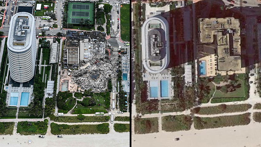 לפני ואחרי הקריסה. 159 עדיין נעדרים (צילום: AFP, google maps) הבניין