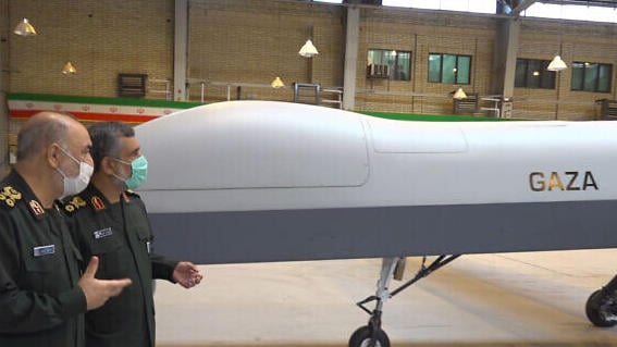 Iranian Revolutionary Guard Commanders talk while unveiling a new drone called 'Gaza' (Photo: AFP) Iranian Revolutionary Guard Commander Gen. Hossein Salami, left, and the Guard's aerospace division commander Gen. Amir Ali Hajizadeh talk while unveiling a new drone called "Gaza" in an undisclosed location in Iran