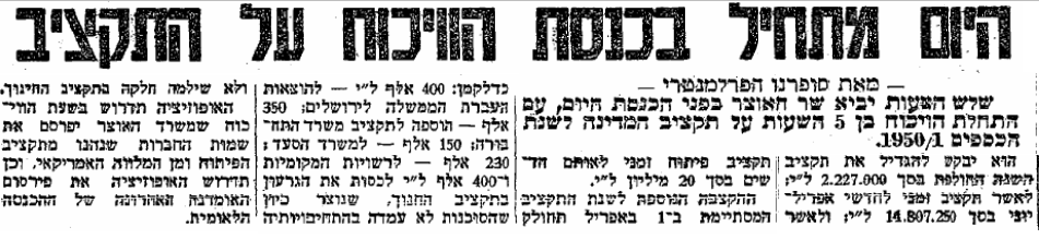 מתוך עיתון "ידיעות אחרונות". 21 במרץ 1950 (ארכיון "ידיעות אחרונות") אוצר תקציב