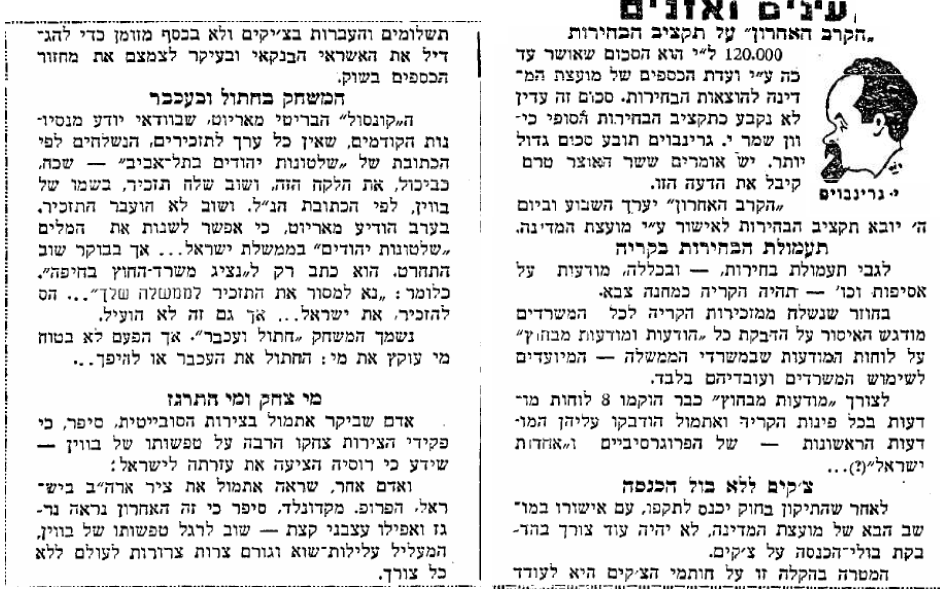 מתוך עיתון "ידיעות אחרונות". 11 בינואר 1949 (ארכיון "ידיעות אחרונות") אוצר תקציב