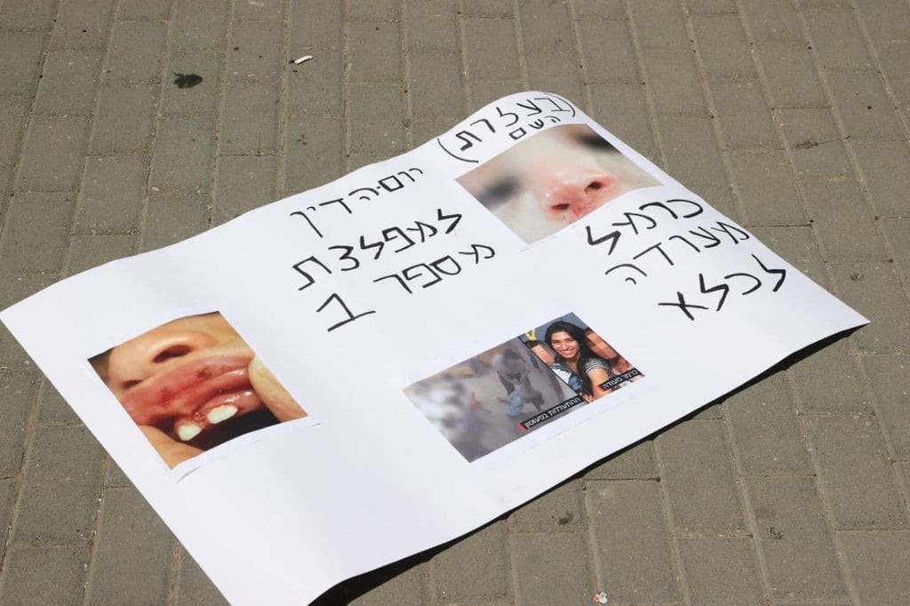 שלט בהפגנה מחוץ לביהמ"ש בלוד, טרם ניתן גזר הדין לכרמל מעודה (צילום: מוטי קמחי ) ההפגנה מחוץ לבית המשפט