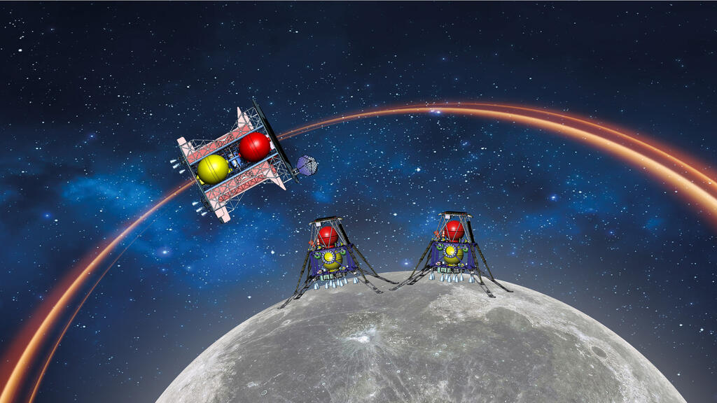 A simulation of the mission — two spacecraft set to land on the moon, while another will remain in lunar orbit (Photo: SpaceIL) הדמיה של משימת בראשית 2. חללית אם ושתי נחתות