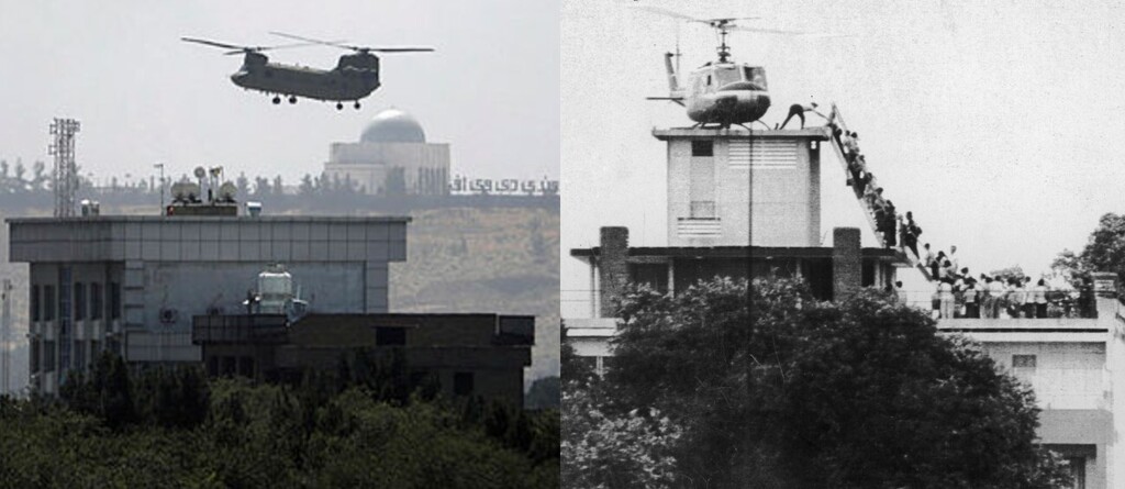 Left: A U.S. Chinook helicopter flies over the American embassy in Kabul, August 15, 2021; right: A CIA officer helps evacuees up a ladder onto an Air America helicopter leaving Saigon as the city fell, April 29, 1975 