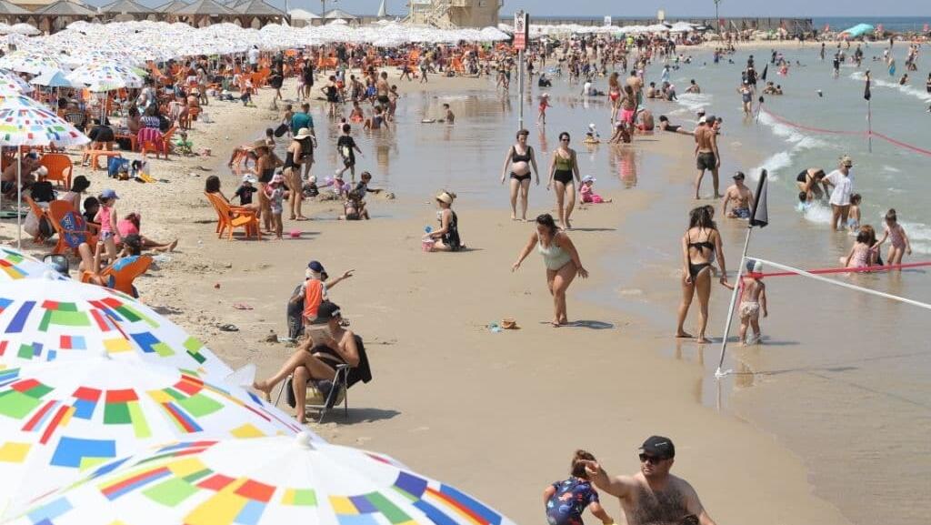 מתרחצים בחוף מציצים תל אביב. עלייה נוספת בטמפרטורות (צילום: מוטי קמחי) מתרחצים בחוף מציצים תל אביב