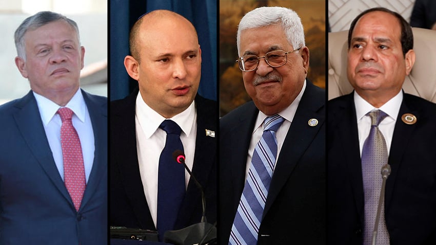 King of Jordan Abdullah II, Prime Minister Naftali Bennett, Palestinian President Mahmoud Abbas and Abdel Fattah el-Sisi Egypt's President (Photo: AFP, Reuters, Getty Images) נפלתי בנט אבו מאזן א סיסי מלך עבדאללה