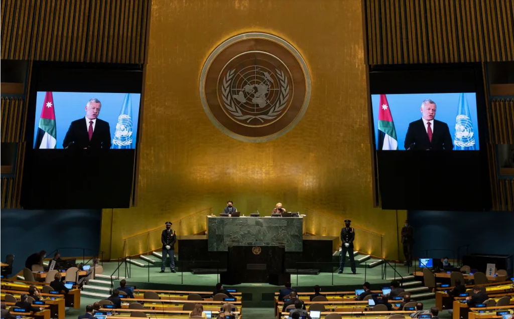 Jordanian King Abdullah II remotely addresses the 76th session of the United Nations General Assembly in a pre-recorded message, September 22, 2021, at UN headquarters in New York