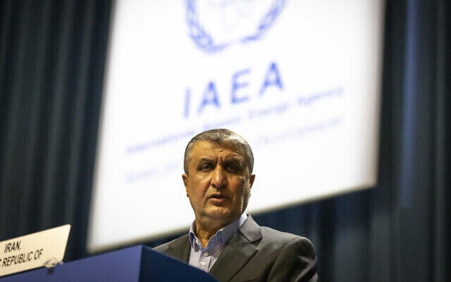 Mohammad Eslami, new head of Iran’s nuclear agency (AEOI) talks on stage at the International Atomic Energy’s (IAEA) General Conference in Vienna, Austria, September 20, 2021