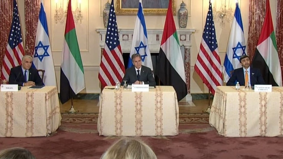 Foreign Minister Yair Lapid, U.S. Secretary of State Antony Blinken and UAE Foreign Minister Abdullah Bin Zayed during a press conference in Washington on Wednesday (Photo: U.S. State Department) פגישת לפיד עם אנתוני בלינקן ועבדאללה בן זיאד