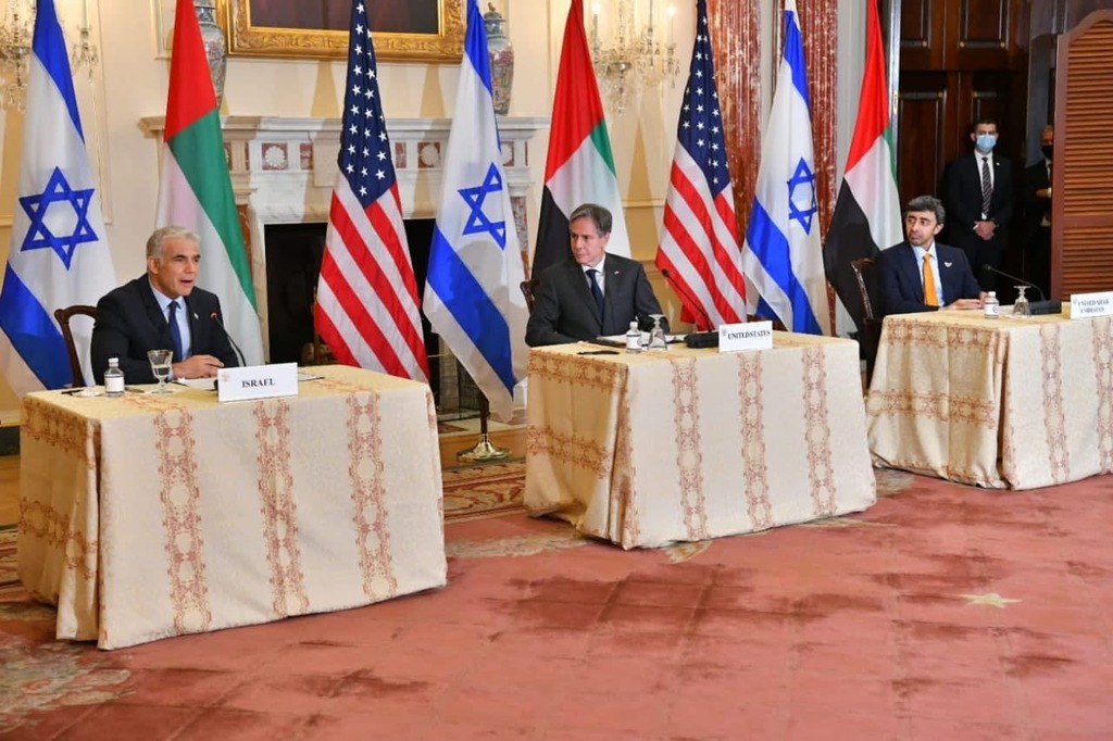 Foreign Minister Yair Lapid, U.S. Secretary of State Antony Blinken and UAE Foreign Minister Abdullah Bin Zayed during a press conference in Washington on Wednesday (Photo: GPO) פגישת לפיד עם אנתוני בלינקן ועבדאללה בן זיאד