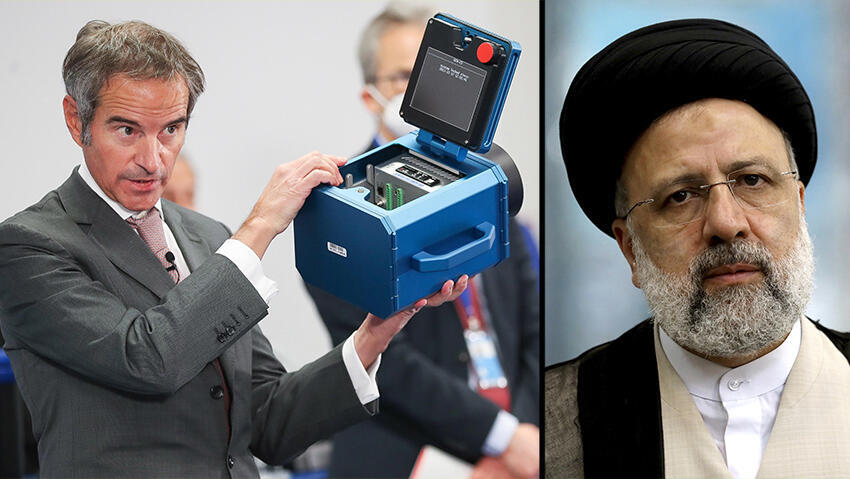 נשיא איראן איברהים ראיסי וראש סבא"א רפאל גרוסי עם דגם של מצלמת מעקב במתקני הגרעין. דאגה במערב, וגם בסוכנות הגרעין (צילום:EPA, AP) ראש סבא"א רפאל גרוסי הסוכנות הבינלאומית לאנרגיה אטומית מציג דגם של מצלמה שמותקנת ב מתקני גרעין של איראן