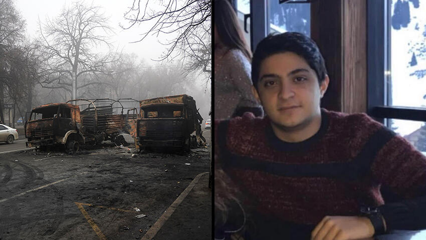 האזרח הישראלי לבן קוג'יאשוילי שנהרג בקזחסטן, וההרס ברחובות הערים (צילום: AP, באדיבות המשפחה ) לבן קוג׳יאשוילי
