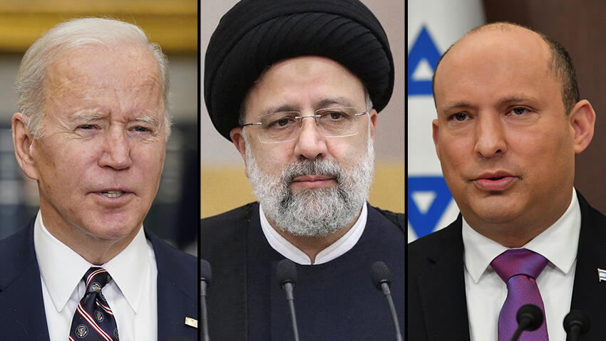 בנט, ראיסי וביידן. בישראל מעריכים שאיראן רחוקה שישה חודשים ממספיק חומר לפצצה, בארה"ב סבורים שתשעה חודשים (צילום: יואב דודקביץ', AP) בנט, ראיסי וביידן. בישראל מעריכים שאיראן רחוקה שישה חודשים ממספיק חומר לפצצה, בארה"ב סבורים שתשעה חודשים