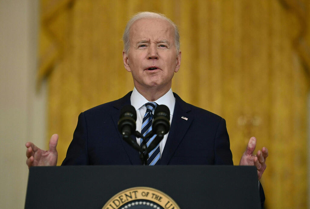 Biden condemns Russia (צילום: AFP) ביידן בנאום לאחר התקיפות של רוסיה