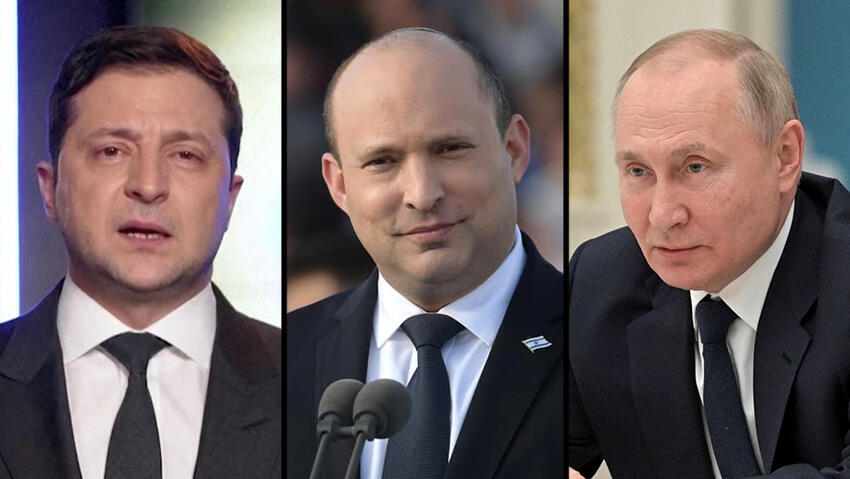 Ukrainian President Volodymyr Zelensky, Prime Minister Naftali Bennett, Russian President Vladimir Putin 