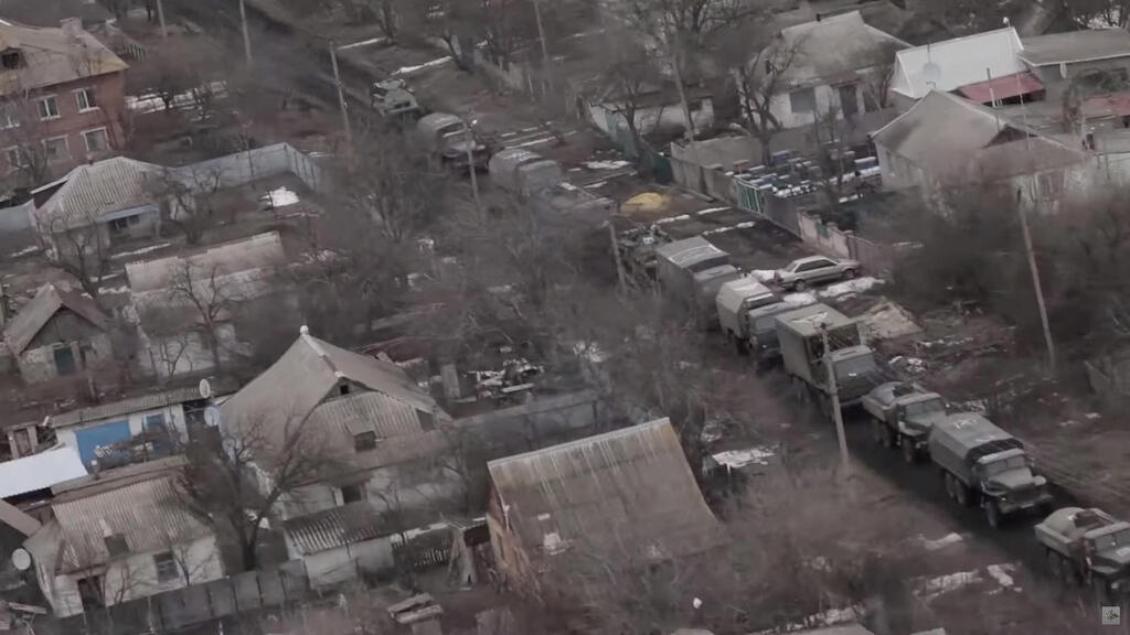 View from a Russian Army aviation helicopter as it escorts units of Russian Armed Forces in Ukraine in undisclosed location 