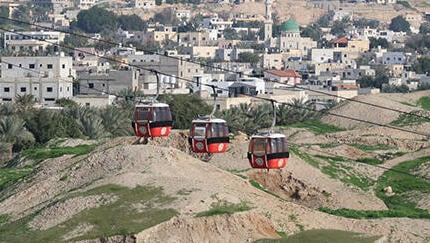 הרכבל אל מנזר הקרנטל מעל לתל יריחו ועל רקע העיר כיום