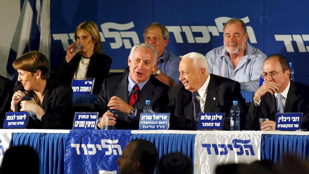 נתניהו ואריאל שרון בתקופת ממשלת שרון (צילום: צביקה טישלר) אברהם הירשזון חיים כץ נחמה רונן סילבן שלום אריאל אריק שרון בנימין נתניהו לימור לבנת