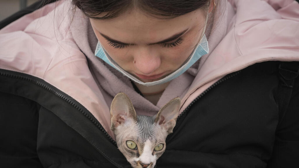 A young Ukrainian refugee at the border with Slovakia (Photo: Getty Images) פליטה אוקראינית והחתול שלה בגבול סלובקיה